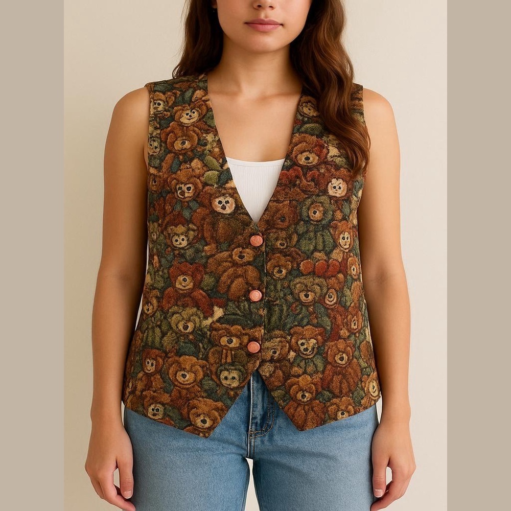 Vest made by Facets covered in Teddy Bears. Size S. Adjustable w/tie. Br…